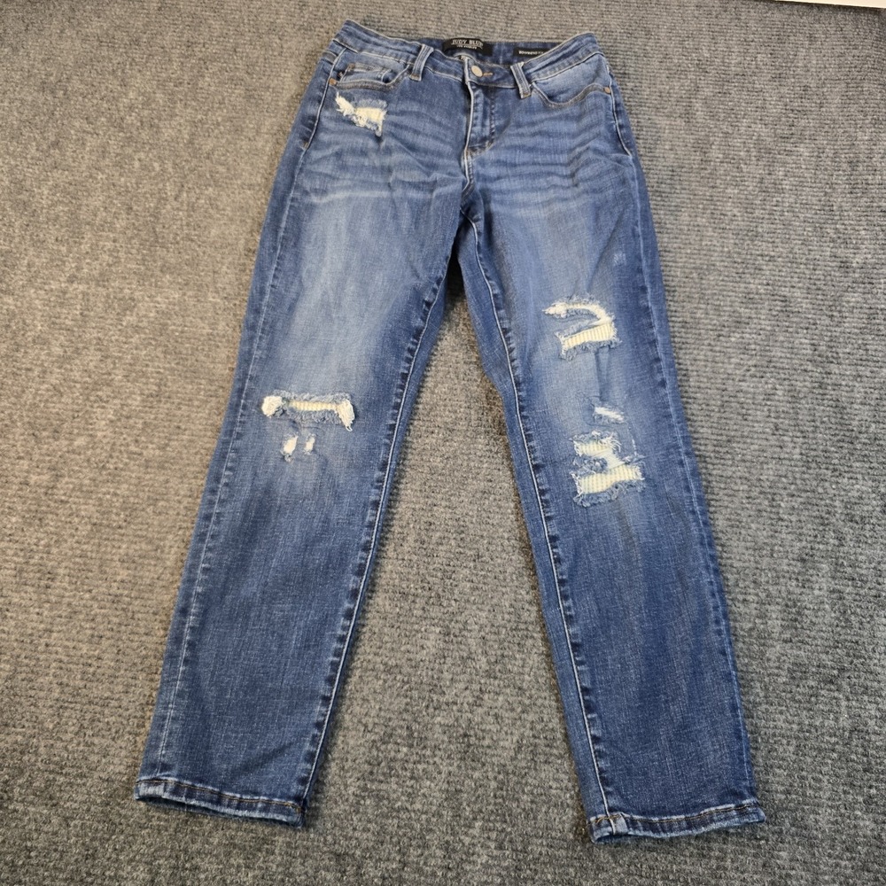 Judy Blue Jeans ‎ 7/28 Blue Boyfriend Thermal Patch Mid Rise Distressed Jb88306